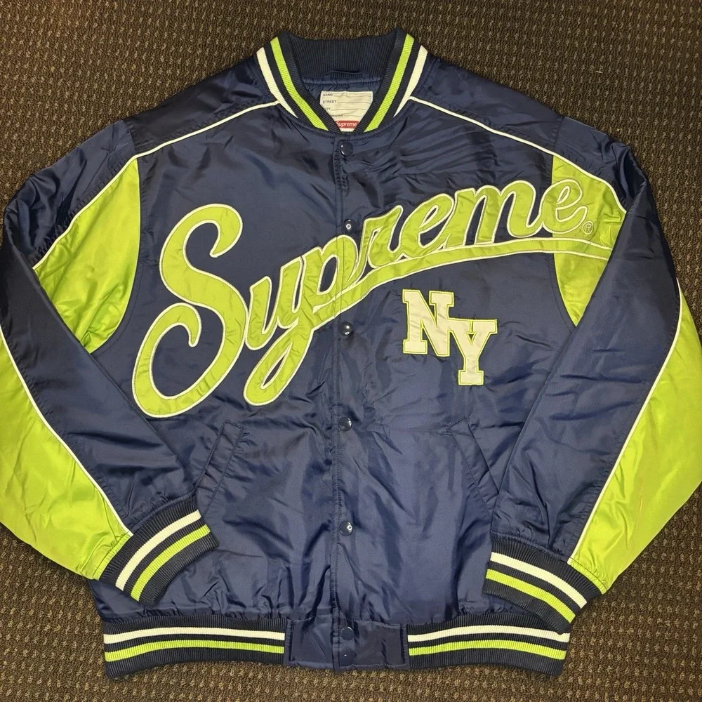 Supreme Team Varsity Jacket Navy Lime Green FW20 Script Logo NY Spellout Size M